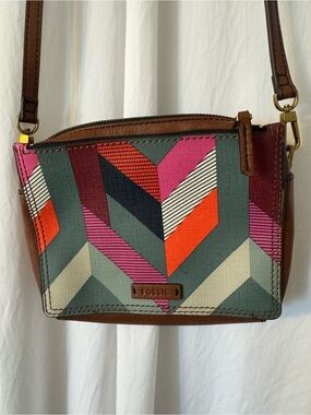 Fossil Teal Pink Orange Chevron Crossbody Bag